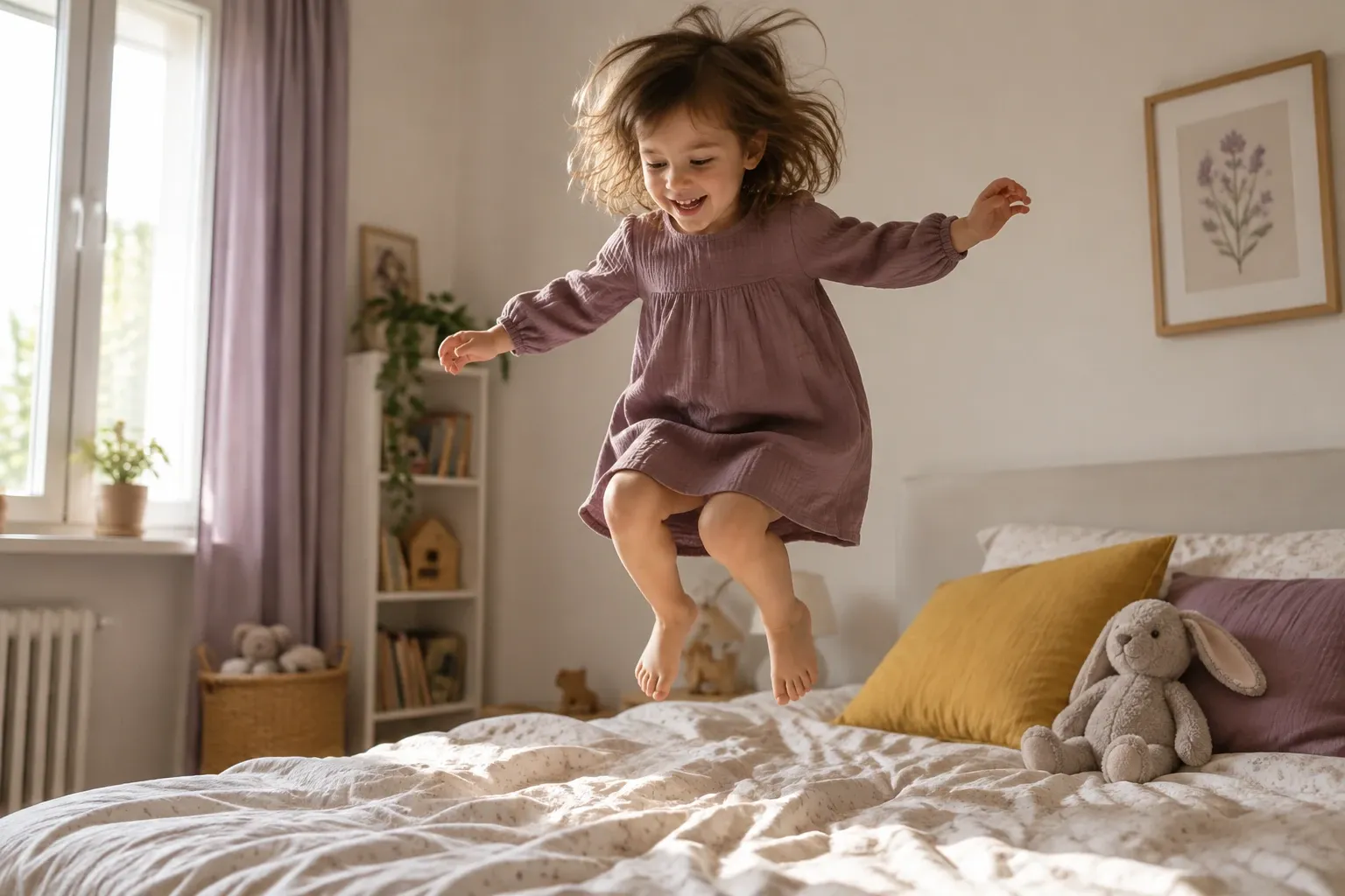 Bambina che salta a mezz'aria sul letto, cuscino giallo senape e peluche coniglio