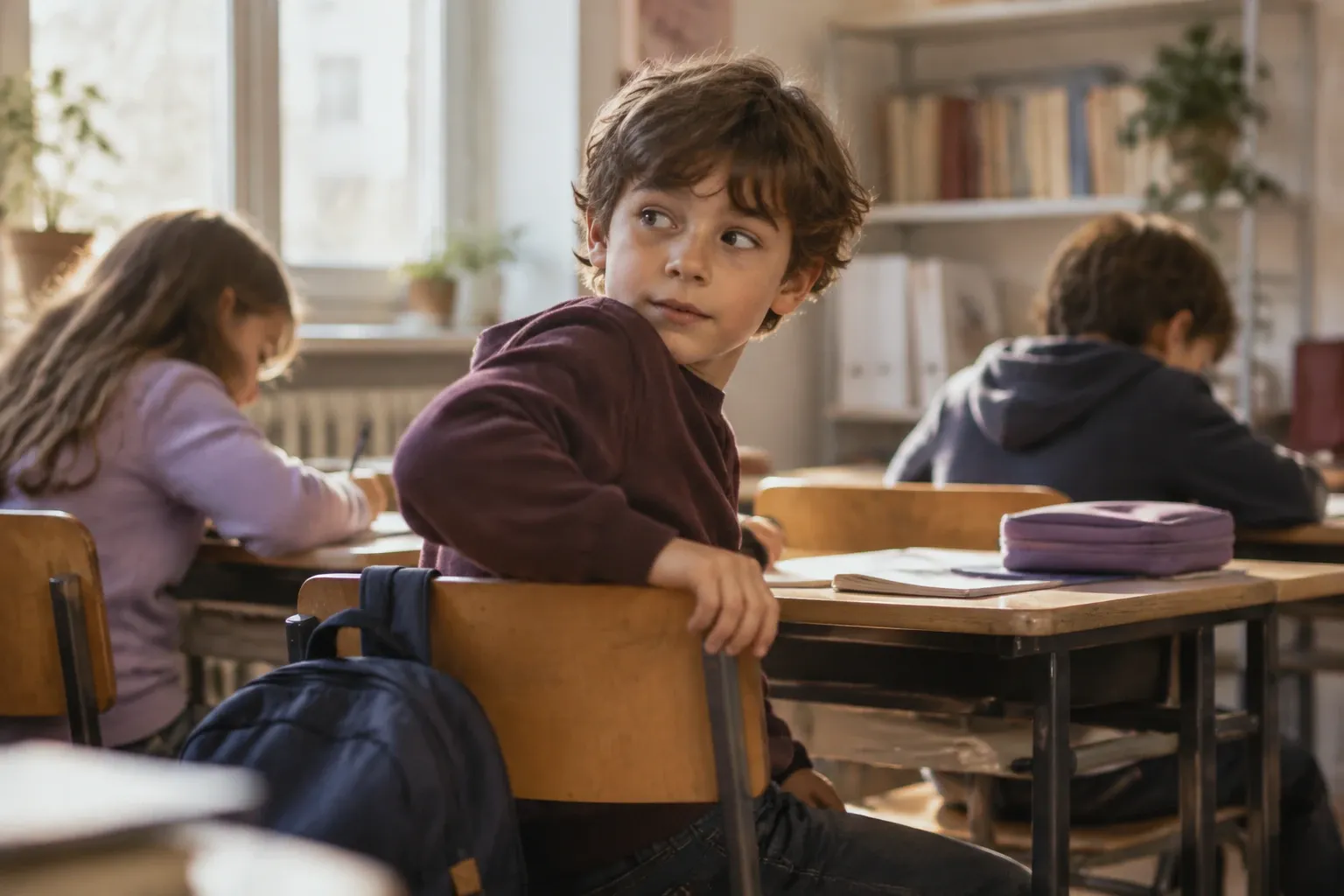 Bambino distrae sguardo girato indietro in classe, zaino sul retro della sedia
