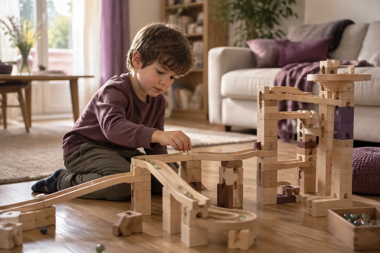 Bambino seduto sul pavimento che costruisce complessa pista di legno con biglie