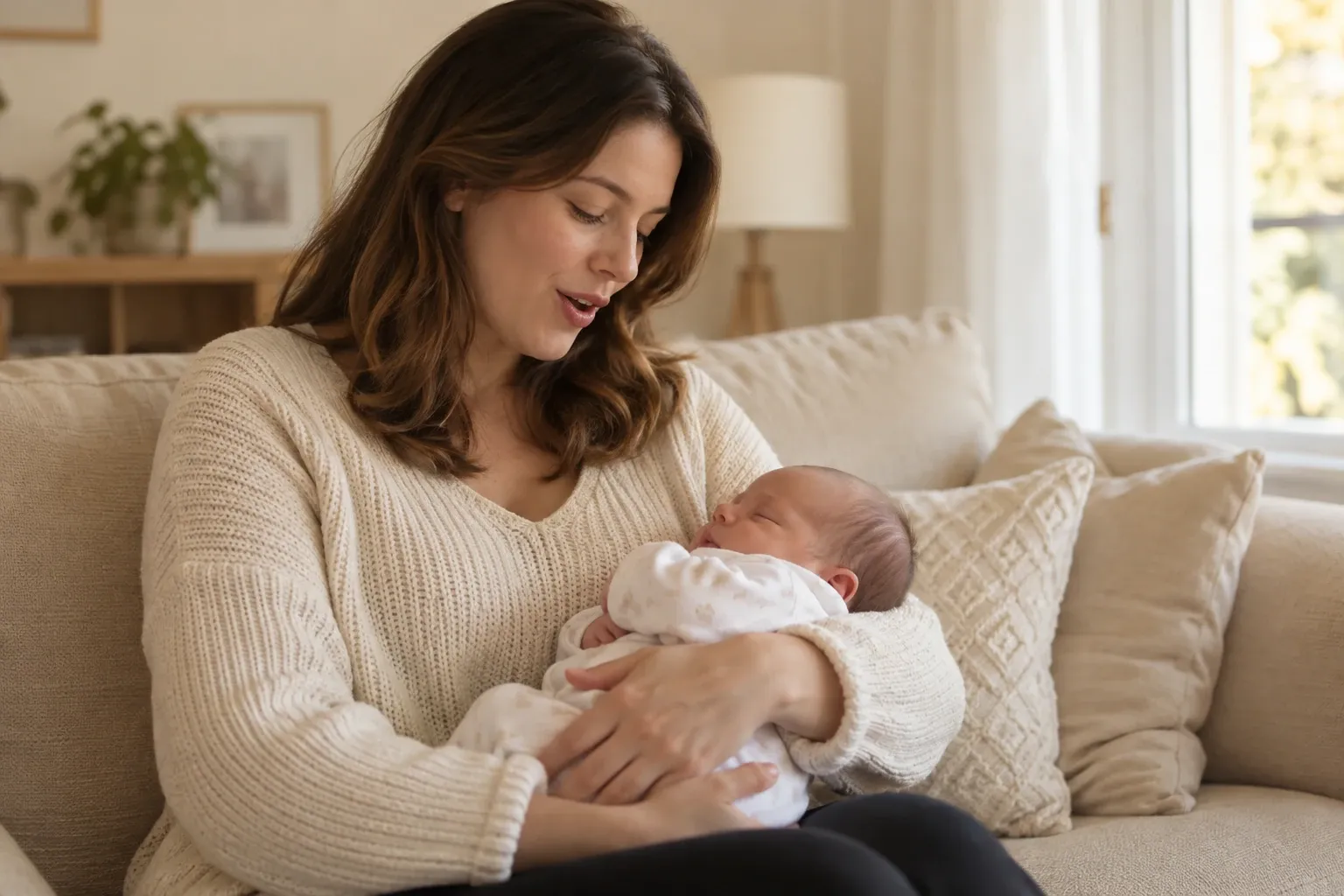Mamma seduta sul divano che culla e canta dolcemente un neonato addormentato