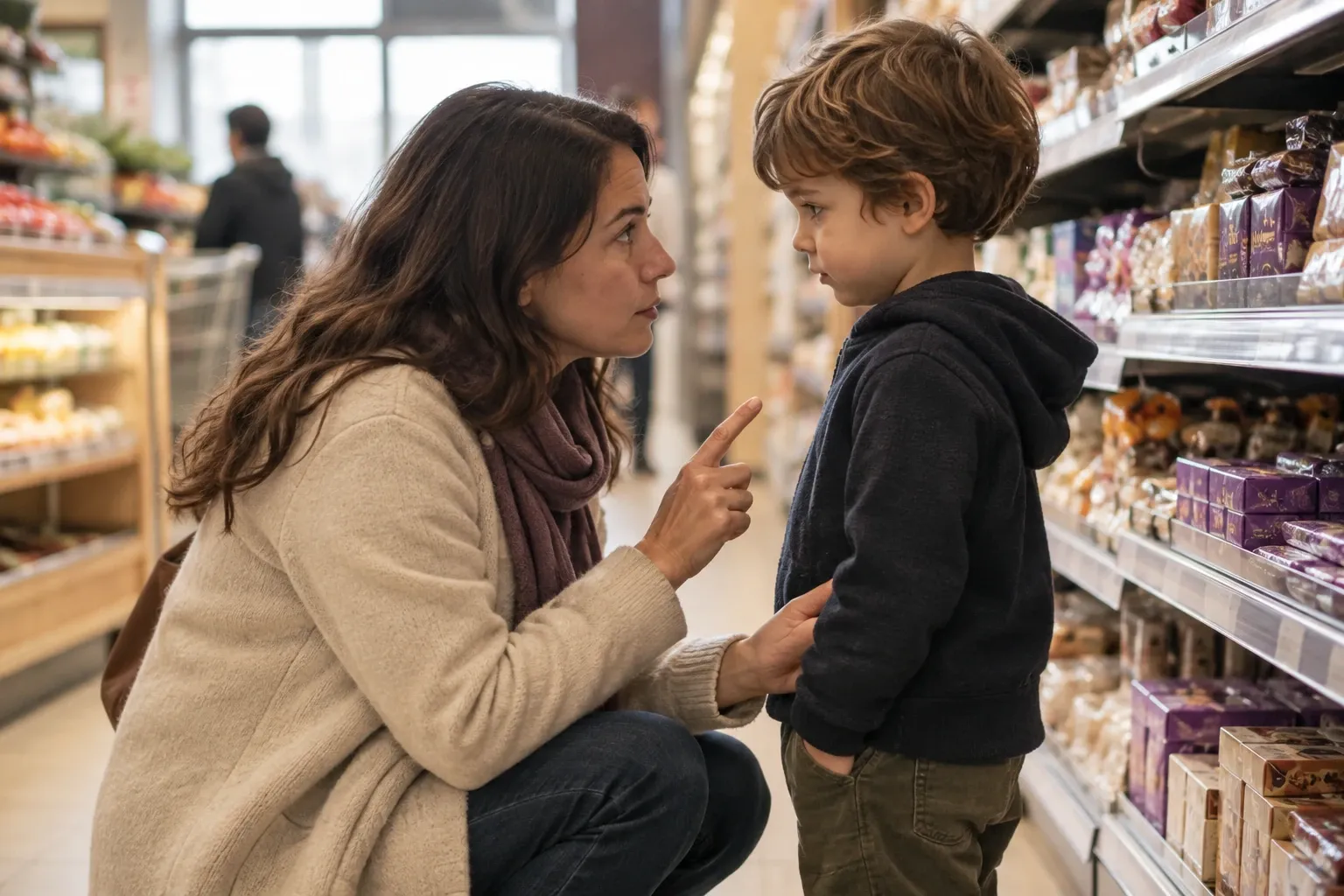 Donna china che indica con il dito e parla seriamente a un bambino in supermercato