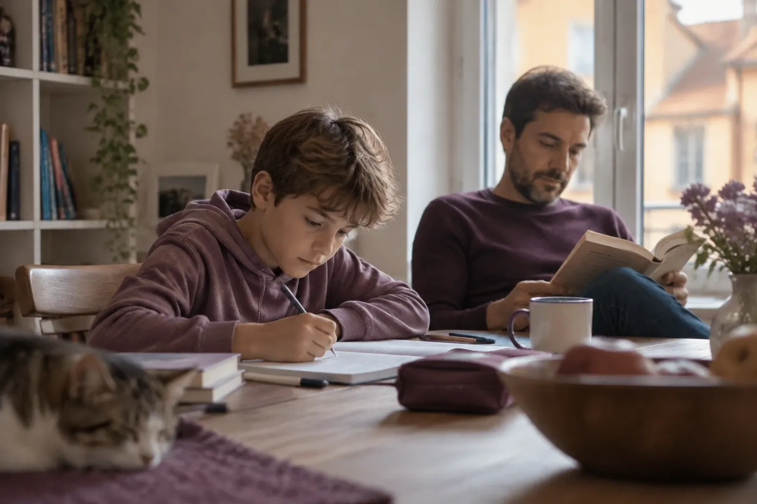 Padre legge libro mentre ragazzo studia al tavolo, luce naturale dalla finestra