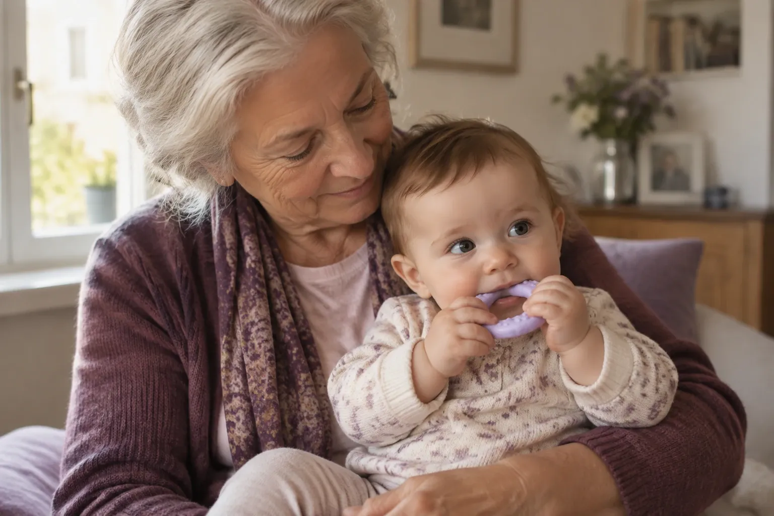 Nonna seduta che tiene neonato che mastica un anello da dentizione morbido