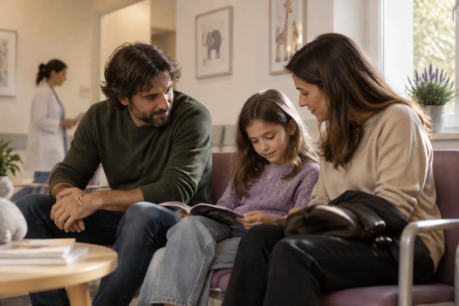 Genitori seduti in sala d'attesa che leggono con la figlia una brochure su visite pediatriche