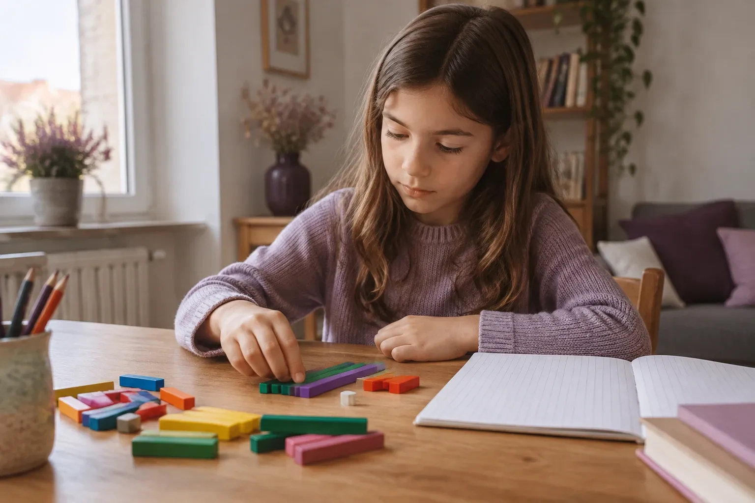 Bambina seduta a tavolo che conta blocchi colorati vicino a quaderno aperto