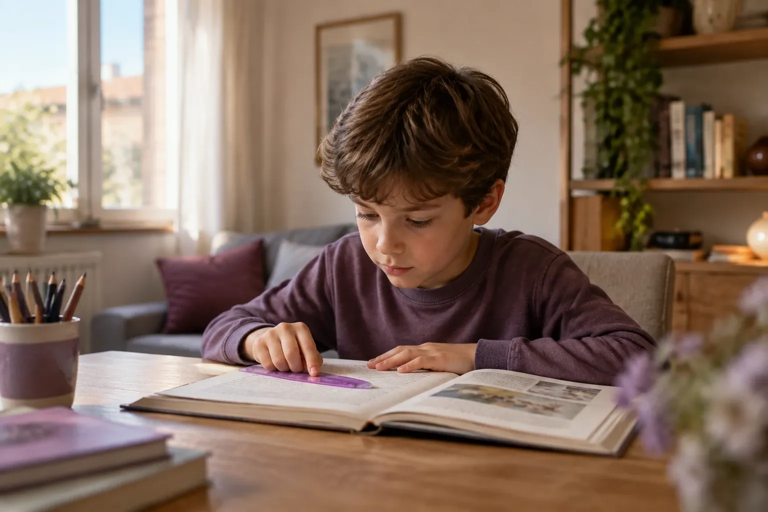 Bambino seduto al tavolo che legge un libro usando una riga per seguire il testo in luce naturale