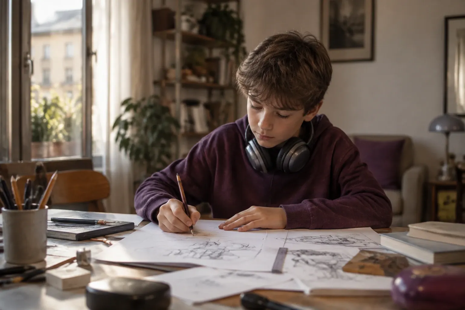 Ragazzo con cuffie disegna su fogli sparsi, tavolo pieno di matite e libri