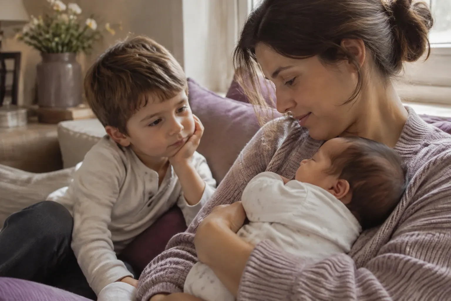 Bambino piccolo guarda con gelosia fratellino neonato mentre madre li abbraccia con cura