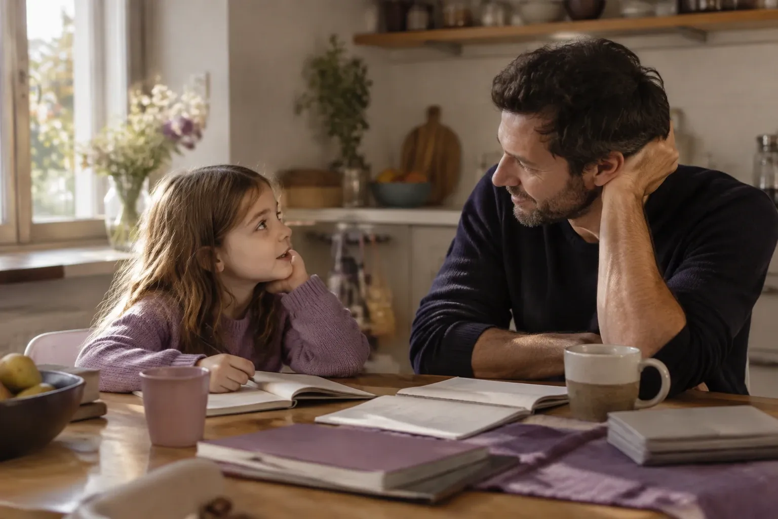 Padre e figlia al tavolo che parlano mentre studiano con libri e tazze