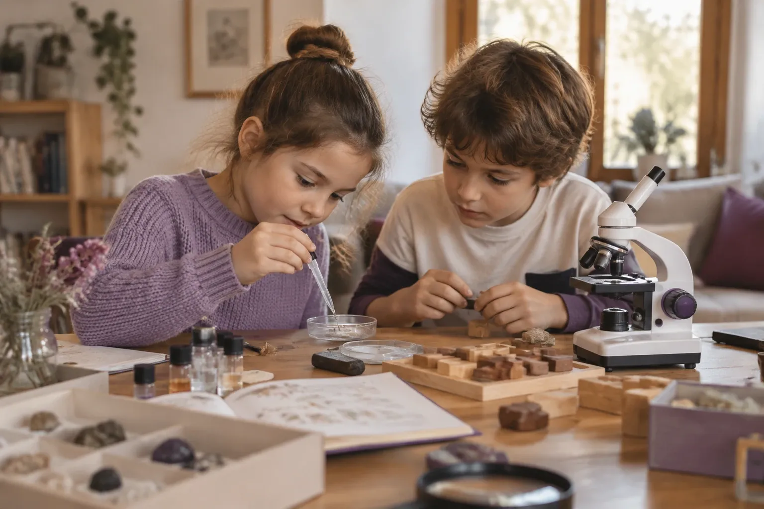 Due bambini curiosi che esaminano campioni con pipetta e microscopio sul tavolo di casa