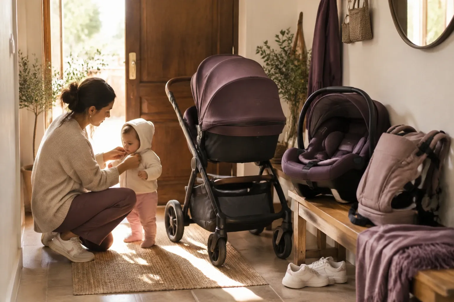 Mamma sistema il cappuccio del neonato accanto a passeggino e ovetto in ingresso