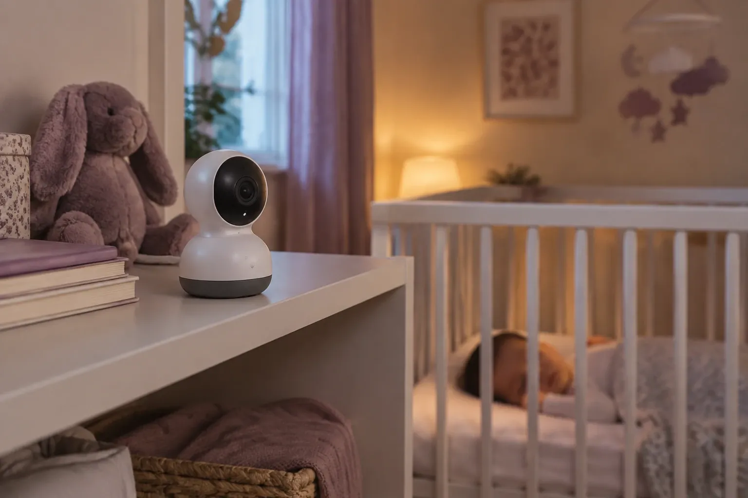 Baby monitor video bianco su mensola davanti a culla con bebé addormentato