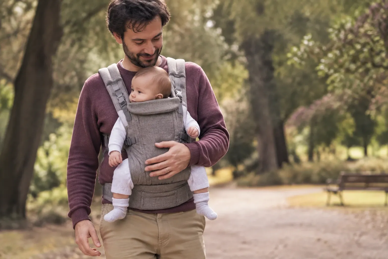 Padre che cammina in parco con neonato posizionato in marsupio ergonomico grigio
