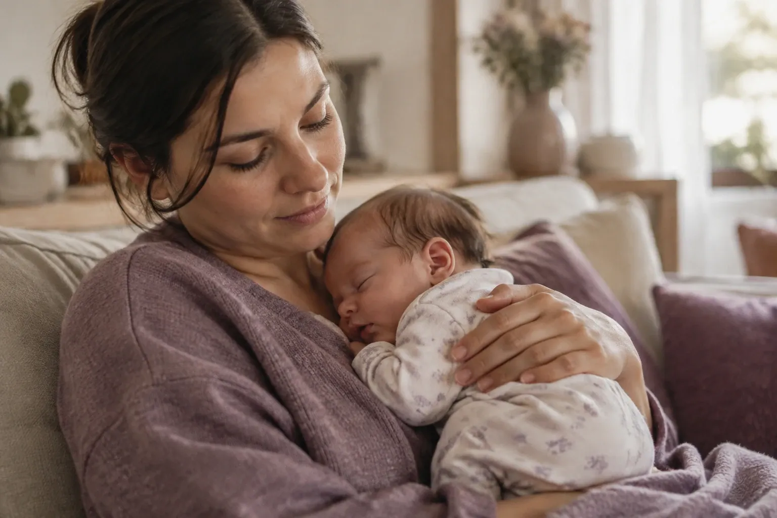 Mamma seduta sul divano che culla neonato addormentato contro il petto