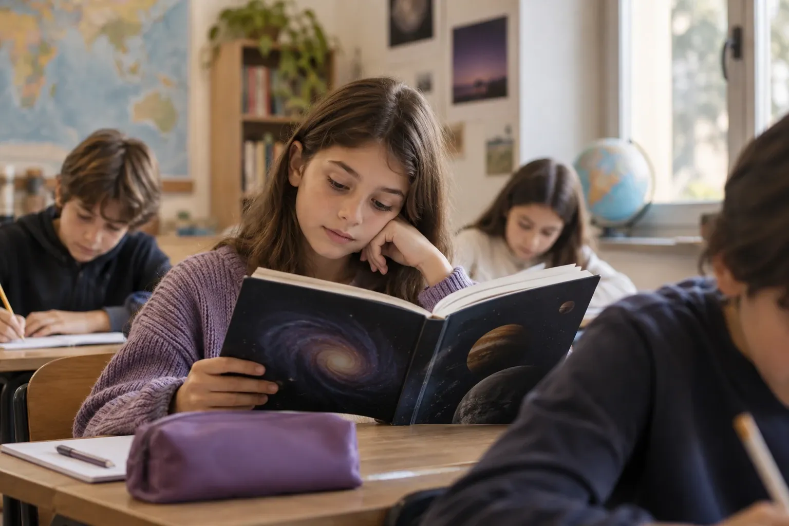 Bambina seduta al banco che legge un libro di astronomia in classe, annoiata