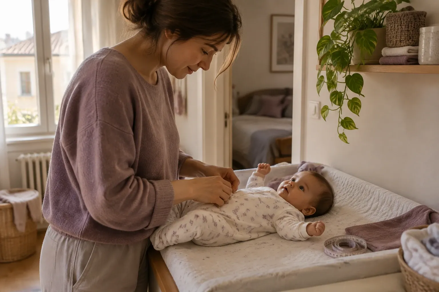 Mamma che cambia il neonato su fasciatoio nella stanza illuminata dalla finestra