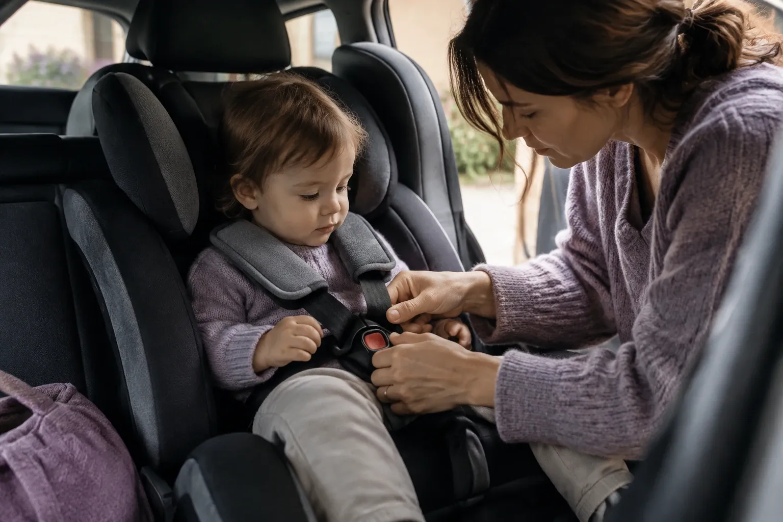 Bambino seduto su seggiolino auto mentre mamma allaccia cintura di sicurezza