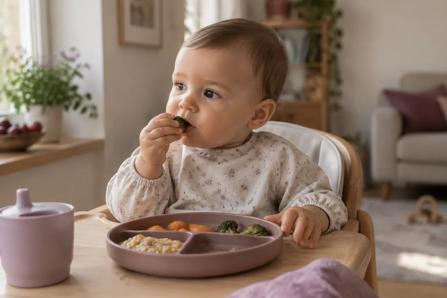 Bambino seduto nel seggiolone mangia broccoli con piatto divisorio e bicchiere morbido
