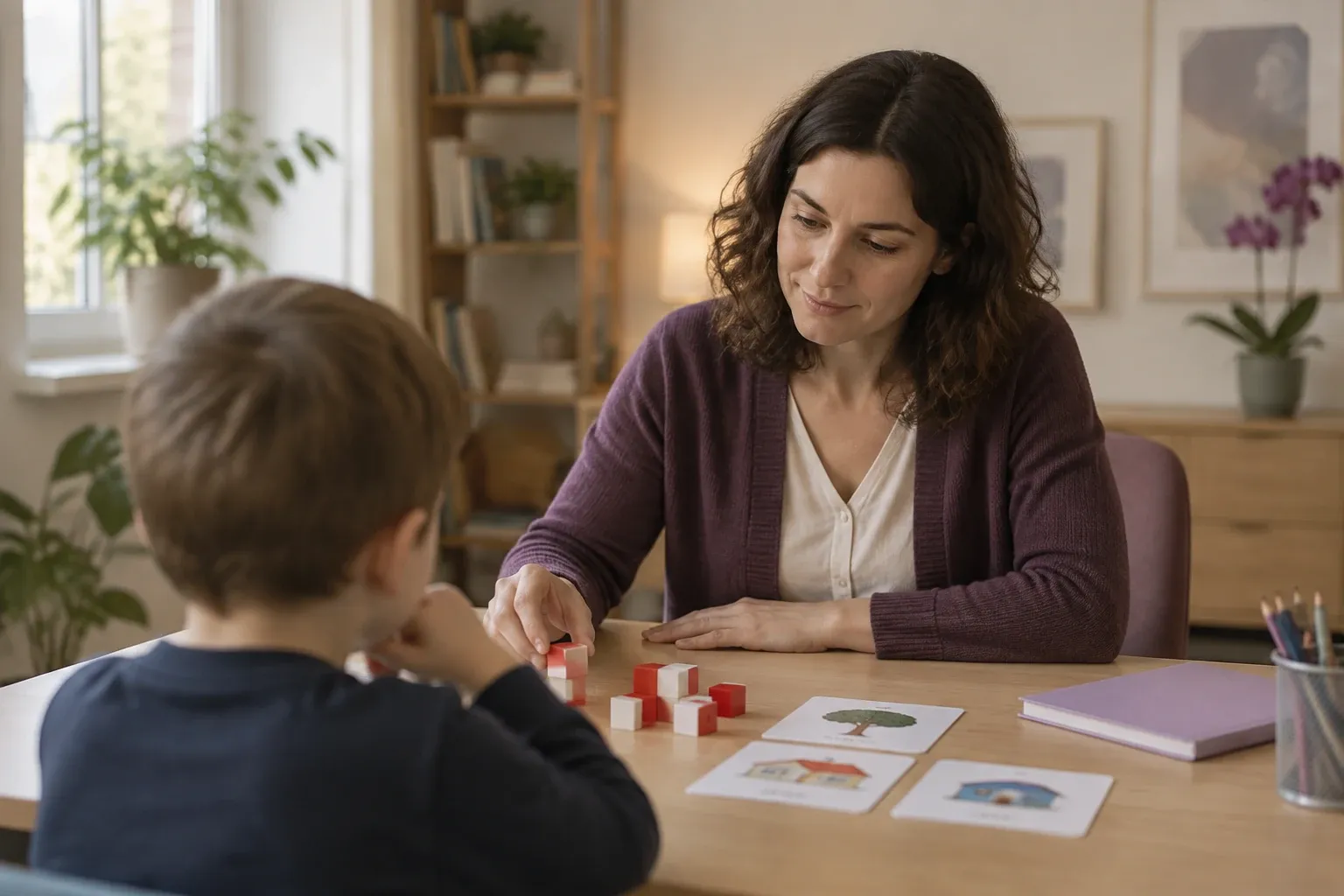 Esaminatrice somministra compiti con blocchi e carte mentre bambino osserva attentamente